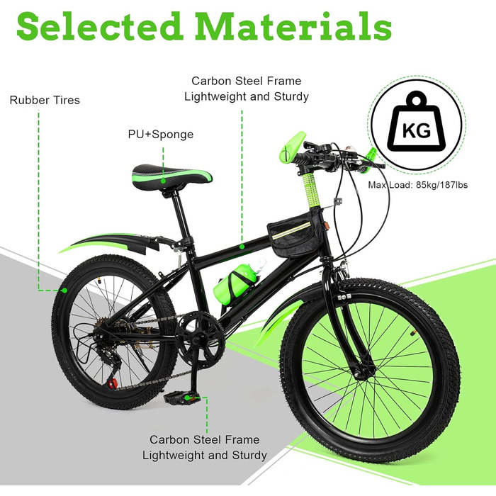 Дитячий велосипед DIFU 20 дюймів Гірський велосипед на 7 швидкостей для дівчаток та хлопчиків з бризковиками Вуглецева сталь та алюмінієвий сплав Покращений велосипед з чайником тримачем для чайника Зелений