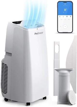 Мобільний кондиціонер Pro Breeze 4-в-1 12000 BTU (розмір кімнати 50) з додатком і Wi-Fi - Мобільний кондиціонер для опалення та охолодження, вентилятор, осушувач - клас енергоспоживання A, витяжний шланг, 24-годинний таймер