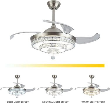 Тихий стельовий вентилятор кришталеві стельові вентилятори зі світлом, сучасні висувні лопаті, люстра, світлодіодний стельовий вен