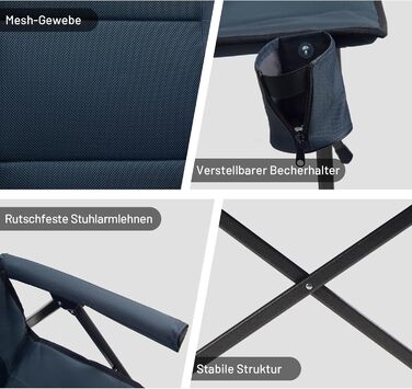 Складаний кемпінговий стілець TIMBER RIDGE, широке сидіння 55 см XXL, м&39який, висока спинка, вантажопідйомність 150 кг, з бічною кишенею, підходить для кемпінгу, саду, балкону, , сірий