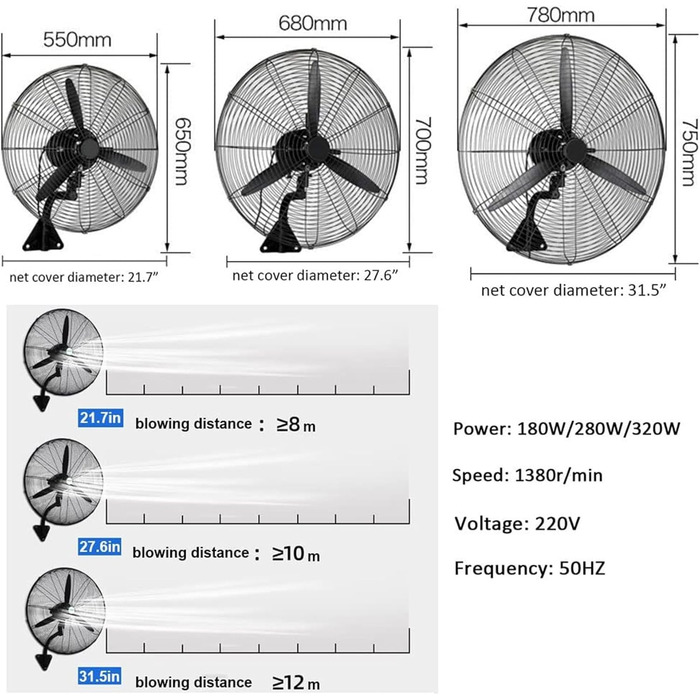 Промисловий настінний вентилятор, 21&39&39/27&39&39/30&39&39 важкий високошвидкісний настінний вентилятор, коливання 120, 3 швидкісні комерційні вентилятори, настінний вентилятор із регульованим нахилом, низький рівень шуму, 78
