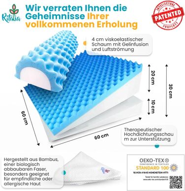 Багатофункціональна клиноподібна подушка Ritalia з валиком для шиї, розмір 60x60x30 см, подушка для спини, опора для колін, підставка для ніг, підставка для ніг, подушка для дивана та софи, подушка для читання, 60x60x30 см, білий