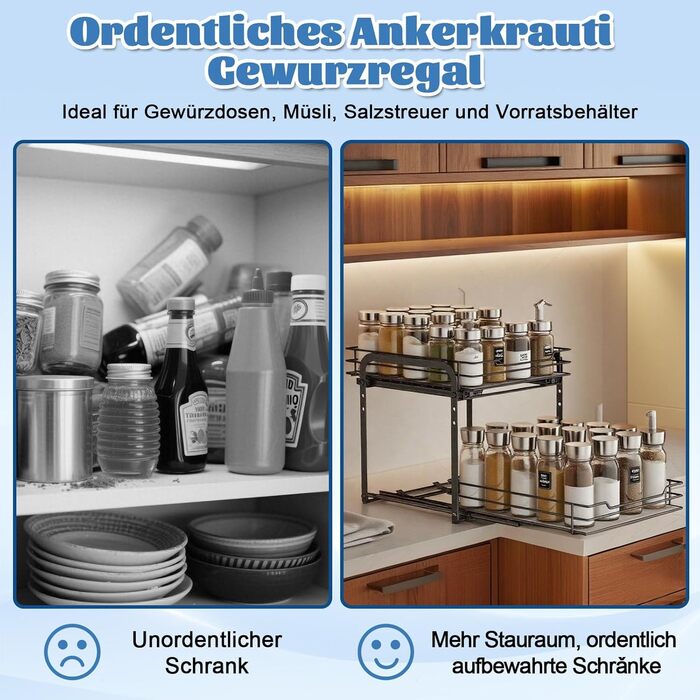 Розсувна 2-рівнева підставка для спецій, стояча шухляда для спецій, регульований по висоті органайзер для спецій з ПВХ-вставкою та присоскою, органайзер для кухонної шафи, стоячий, нековзний (28x24x23 см) 28*24*23