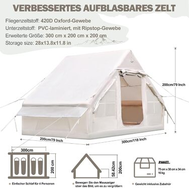 Надувний кемпінговий намет з насосом, надувний намет Oxford 420D для кемпінгу, водонепроникний до 3000 мм, вітрозахисний намет-кабінка на 4 сезони з сітчастими вікнами, розрахований на 3-4 особи, з каміном / 300 x 200 x 200 см