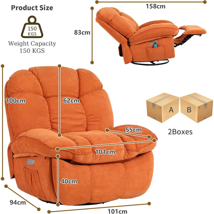 Електричне масажне крісло-реклайнер ALEAVIC з підігрівом та вібрацією, 1 бічна кишеня, порти типу C та USB, крісло-реклайнер для вітальні (помаранчеве)