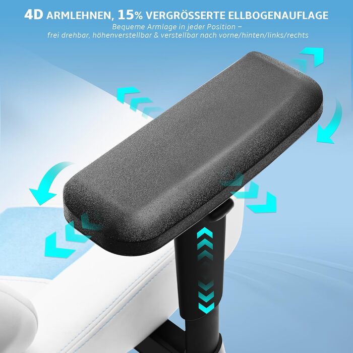 Геймерське крісло, ігрове крісло вантажопідйомністю 200 кг, ергономічне офісне крісло з функцією гойдання, геймерське крісло з підголівником та поперековою опорою, 4D підлокітники, офісне крісло з високою спинкою, ігрове крісло, біло-синє