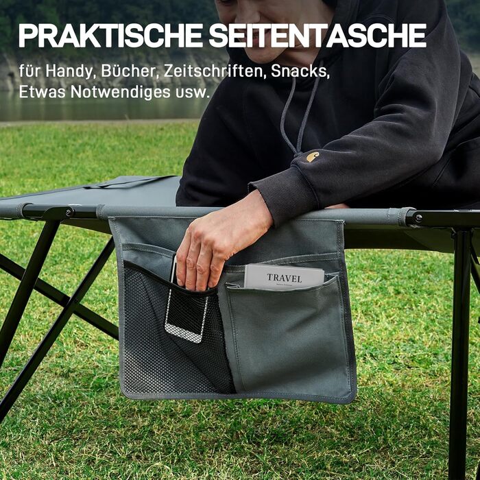 Розкладне похідне ліжко EVER ADVANCED XXL, вантажопідйомність 200 кг, 214 x 79 x 50 см, широке похідне ліжко з бічною кишенею, стабільне та портативне для кемпінгу, подорожей, саду, використання на вулиці та в приміщенні, сіре