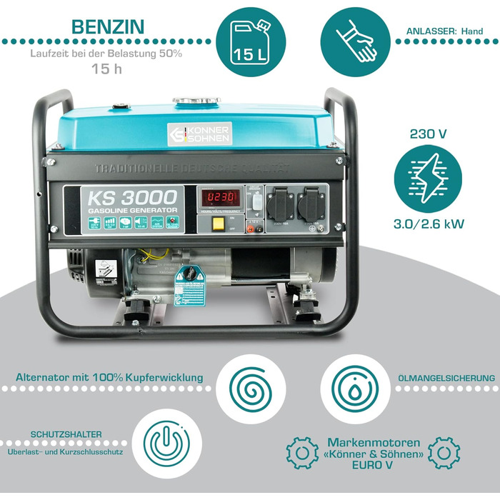 Електрогенератор Knner & Shnen KS 3000, 4-тактний бензиновий двигун потужністю 7 к.с., генератор 3000 Вт, генератор 16А, 230В, гараж або кемпінг blue3
