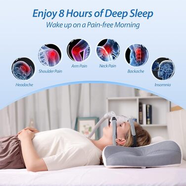 Подушка HOMCA з піни з ефектом пам&39яті для всіх масок CPAP, ергономічна подушка для тих, хто спить на боці, з канавками для маски CPAP та опорною зоною, зменшує витік повітря та тиск у масці, сіра, 65x49/11 см