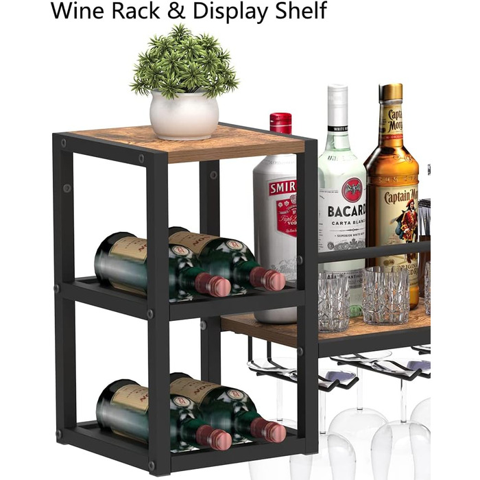 Настінна винна полиця VEDECASA промислового типу з 3 тримачами для парових келихів, часткова дерев&39яна полиця, чорний металевий тримач для пляшок, багатофункціональна винна вітрина для домашнього бару, їдальні, кухні, коричнева