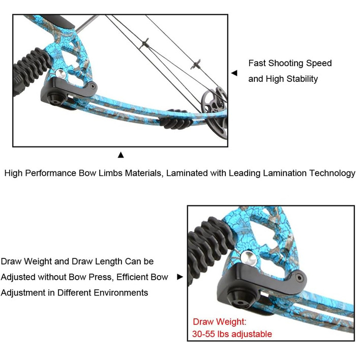Набір складених луків SHARROW – мисливський лук 30–55 lb, регульований з стрілами, спортивний лук для дорослих, лівий/правий, синій