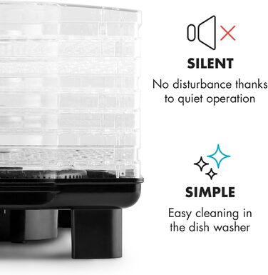 Дегідратор, дегідратор, сушарка для фруктів, м'яса та фруктів, 6 рівнів, штабельована, 550 Вт, регульована температура, робота з конвекцією, РК-дисплей, без бісфенолу А, чорний