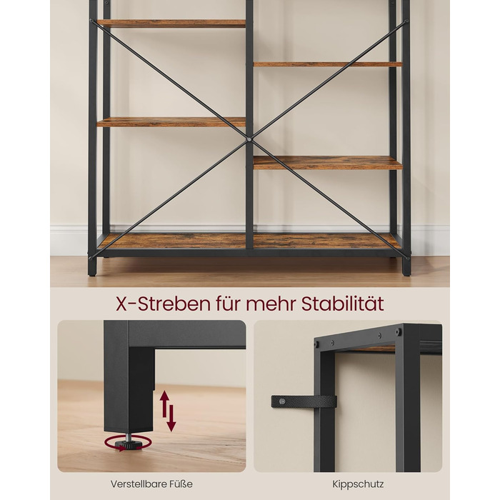 Ярусна книжкова полиця VASAGLE, окремостояча, для вітальні, ванної кімнати, кухні, коридору, легке складання, вінтажний коричнево-чорний колір LLS155B01 Рустикальний коричневий чорний, 5-