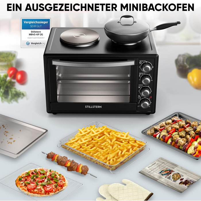Міні-піч Stillstern з конфорками (45 л, піца Ø32 см, 7в1 аерофритюрниця, розморожування, гриль, тостер, запікання, смаження, варіння) кошик для смаження, конвекція, гриль, брошура з рецептами, ідеально підходить для кемпінгу