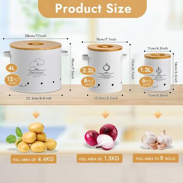 Набір із 3 контейнерів для зберігання картоплі, цибулі та часнику, металеві з вентиляційними отворами, штабелювана конструкція з бамбуковими кришками, кухонний органайзер для овочів (чорний)