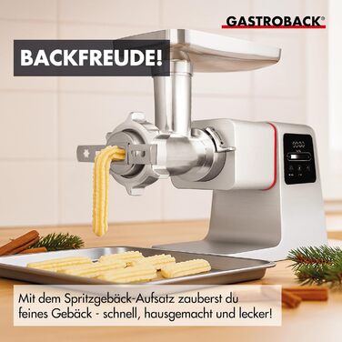 Електрична м'ясорубка GASTROBACK 6-в-1 з насадками для ковбас та печива, 2500 Вт, нержавіюча сталь, сенсорний екран, з пресом для бургерів