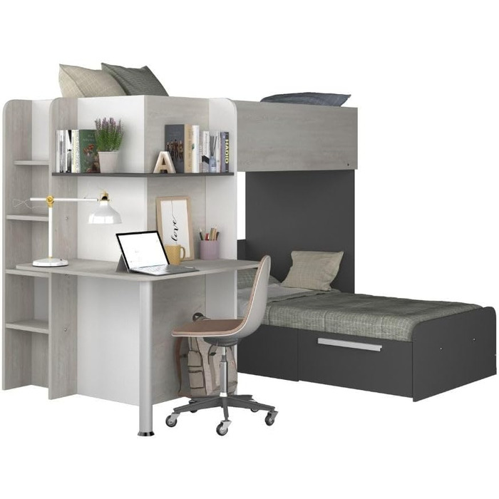 Двох'ярусне ліжко Bleki для двох дітей з письмовим столом і шафою в вінтажному білому та антрацитовому кольорах