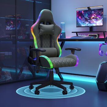 Ергономічне ігрове крісло для комп&39ютера з U-подібною подушкою для підтримки шиї, ігрове крісло зі світлодіодним підсвічуванням, функцією масажу попереку, регулювання висоти, сірий колір
