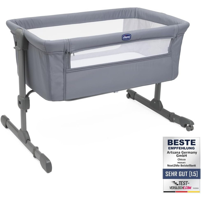 Дитяче ліжечко Chicco Next2Me Essential для новонароджених, приліжкове ліжечко, сумісне з різними ліжками, регульована висота, гарна циркуляція повітря, матрац і сумка в комплекті, 0-6 місяців, сірий колір
