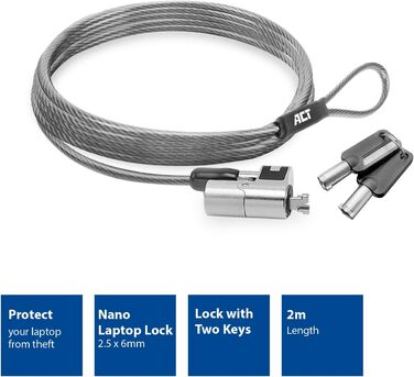 Замок-кабель для ноутбука ACT Schloss, 2м, з ключем, для Nano Slot, поворотна головка, портативний захист від крадіжки - AC9030