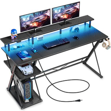 Ігровий стіл SEVEN WARRIOR зі світлодіодним освітленням та розетками, комп&39ютерний стіл 140 см з підставкою для монітора та підставкою для процесора, стіл з 2 гачками та підставкою для ніг, ідеально підходить для спальні або офісу, 140 x 47 x 87 см