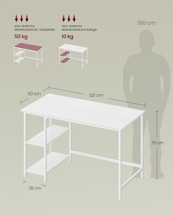 Комп'ютерний стіл VASAGLE, офісний стіл у сучасному стилі, 120 x 60 x 76 см, колір білий клен