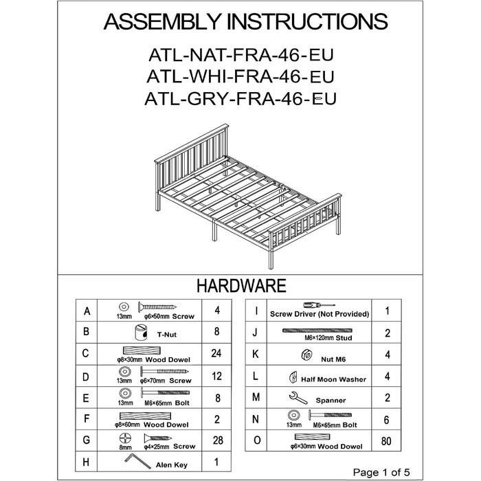 Ліжко Aspire Beds Atlantic Solid Timeless White Wooden Bed - елегантний дизайн Shaker, високоякісні матеріали, легке складання, універсальне, міцне, 200Д x 140Ш x 82В, біле