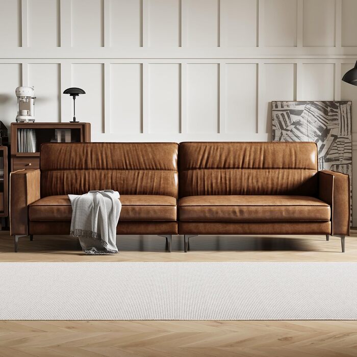 Місний диван під вінтажну шкіру Компактний диван зі штучної шкіри з ґудзиками, металевими ніжками та прямими підлокітниками, коричневий Ретро-диван для вітальні, офісу або невеликої квартири (гладка версія) 220 см гладка версія, 3-