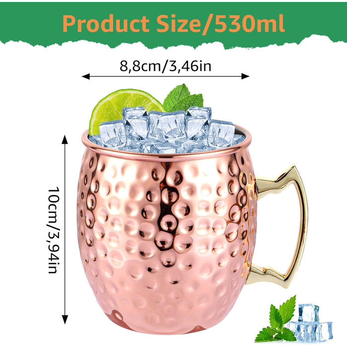 И Moscow Mule кружки, мідні кружки 530 мл, чашки Moscow Mule мідні кружки для коктейлю Moscow Mule з 4 соломинками для дому, бару, вечірки, 4 шт.