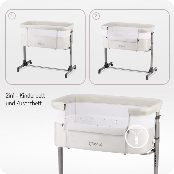 Багатофункціональне приліжкове та дитяче ліжко Momi REVO, 6-рівневе регулювання висоти від 72 до 82 см, з колесами, включаючи матрац, кріпильні ремені, сітку від комах та ручку з іграшками