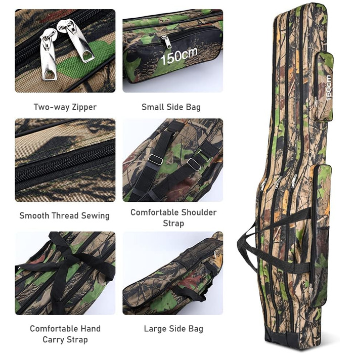 Сумка для вудки сумка для вудилища сумка для вудки на 3 відділення, 150см чохол для вудки чохол для вудки сумки для вудки водонепроникні складні інструменти для вудок, підсадки та тримачі для вудок темні камуфляжні