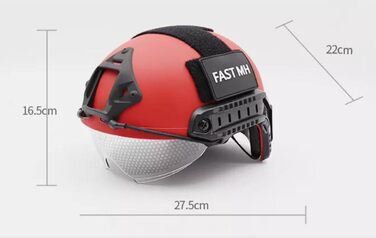 Тактичний рятувальний шолом червоного кольору із захисними окулярами та системою MOLLE, може використовуватися із сигнальними ліхтарями, прожекторами та високопродуктивними ліхтарями в тактичних іграх або рятувальних операціях.