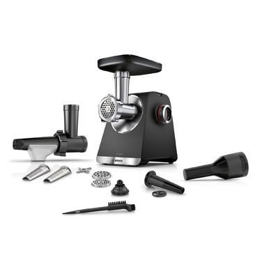 Електрична м'ясорубка Bosch MultiPower Serie 6 MFWS650B, 2100 Вт, нержавіюча сталь, 3 диски (3, 4.5, 8 мм), соковижималка, насадки для ковбас та кеббе, чорна
