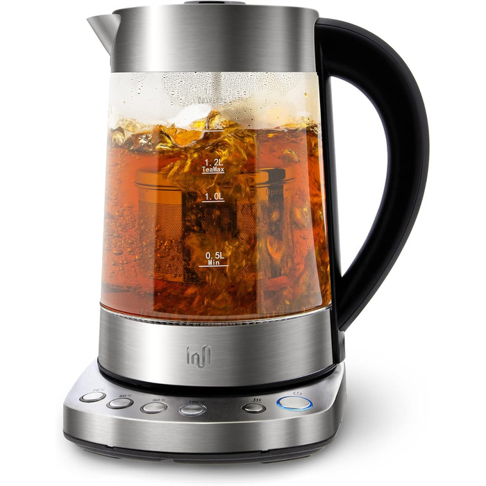 Скляний чайник Impolio PREMIUM LED з регулюванням температури функція збереження тепла, ситечко для чаю з нержавіючої сталі насадк