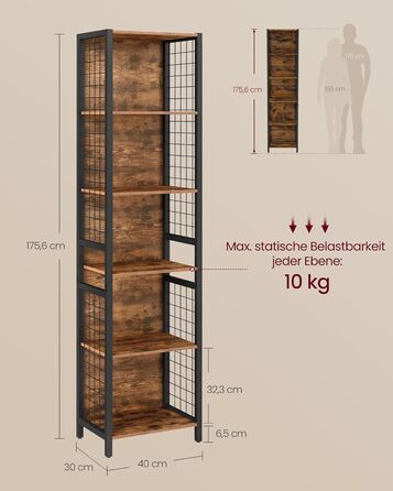 Книжкова полиця VASAGLE, офісна полиця, кухонна полиця, окремостояча полиця з 6 полицями, 4 S-подібними гачками, 30 x 40 x 175,6 см, для офісу, вітальні, кабінету, вінтажний коричнево-чорний колір LLS170K01, 6 рівнів (40Ш см)