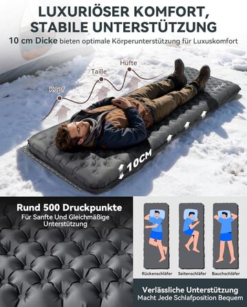 Килимок для кемпінгу HIKENTURE, R-значення 7.3, з ножним насосом, надтовстий килимок для сну 10 см, 210x64 см, теплий килимок для сну/надувний матрац, невеликий розмір у упаковці, 4 сезони для активного відпочинку, походів, наметів