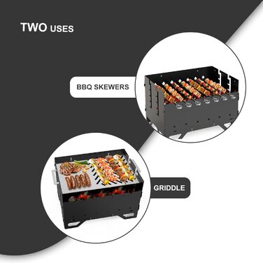 Мобільний вугільний гриль Onlyfire Mangal Шашлик-гриль з планкою та 7 шампурами, портативний вугільний гриль 2 в 1 - ідеально підходить для шашлику, кебабу та овочів, 53 x 34 x 30 см