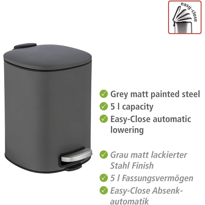 Косметичне педальне відро для сміття WENKO Mod. Alassio, відро для сміття об'ємом 5 літрів, високоякісне відро для сміття для ванн