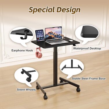 Мобільний стіл з регульованою висотою та колесами, Невеликий комп&39ютерний стіл з регульованою висотою, Стіл для роботи стоячи, 65 x 48 см, Чорний