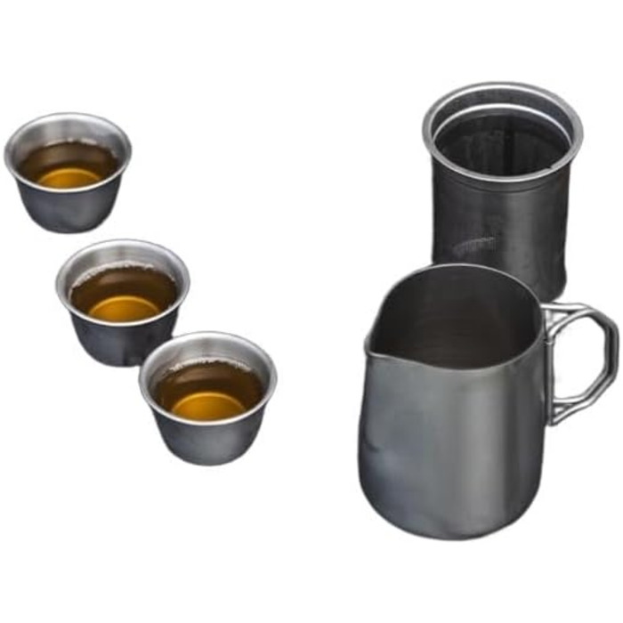 Набір для чаю з нержавіючої сталі 304, портативний для кемпінгу, подорожей на природі чайник з фільтром та 4 чашки, з герметичним носиком, компактний дизайн