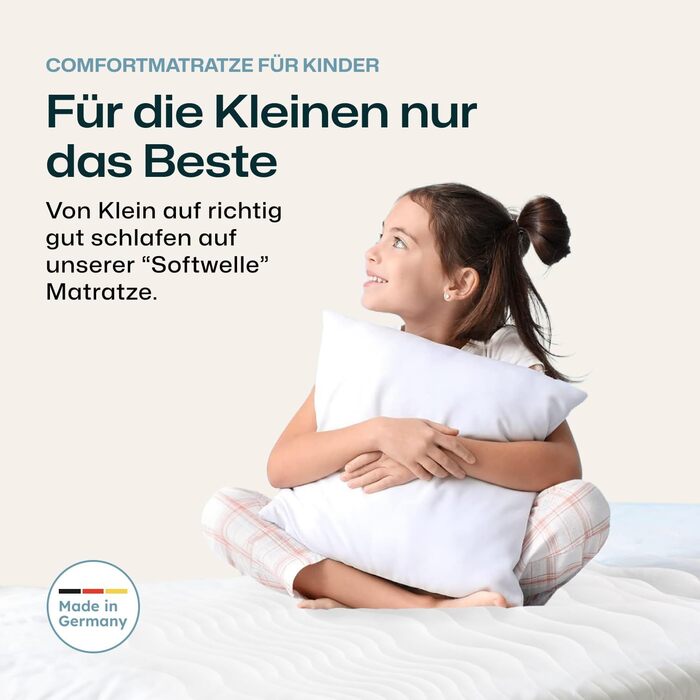 Дитячий та підлітковий матрац RAVENSBERGER Softwelle - Рівень жорсткості H1/H2, м&39який - 90 x 200 см, Висота 16 см - 7-зонний матрац з холодної піни з функціональним чохлом RAVOTEX, гіпоалергенний, рівень жорсткості H1/H2 Від 15 кг, 90 x 200 см
