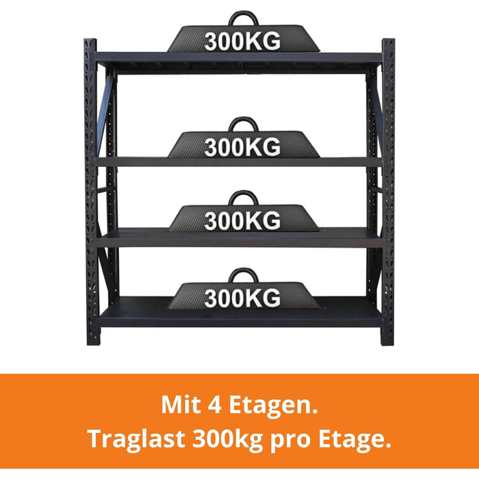 Надміцний стелаж/Стелаж для шин 200x60x200 см Вантажопідйомність 300 кг на полицю Металевий стелаж для зберігання Стелаж для підвалу/гаража 4 знімні полиці, чорний