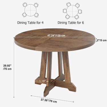 Круглий обідній стіл для 4-6 осіб, діаметр 120 см, з міцними дерев&39яними ніжками, темний дуб, сучасний круглий стіл для кухні, їдальні та вітальні (лише стіл) Golden Phoebe