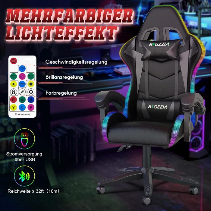 Світлодіодне ігрове крісло, ігрове крісло з мерехтливою світловою стрічкою, підголівником та поперековою опорою, регульована висота та нахил, вантажопідйомність 130 кг, ігрове крісло для ПК для ігрового офісу (чорне) Чорний колір зі світлодіодним підсвічу