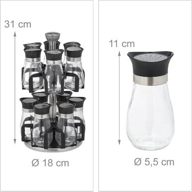 Карусель для спецій Relaxdays, 12 банок для спецій, обертається на 360, нержавіюча сталь, скло, ВxГ 31 x 18 см, підставка для спецій, сріблясто-чорна
