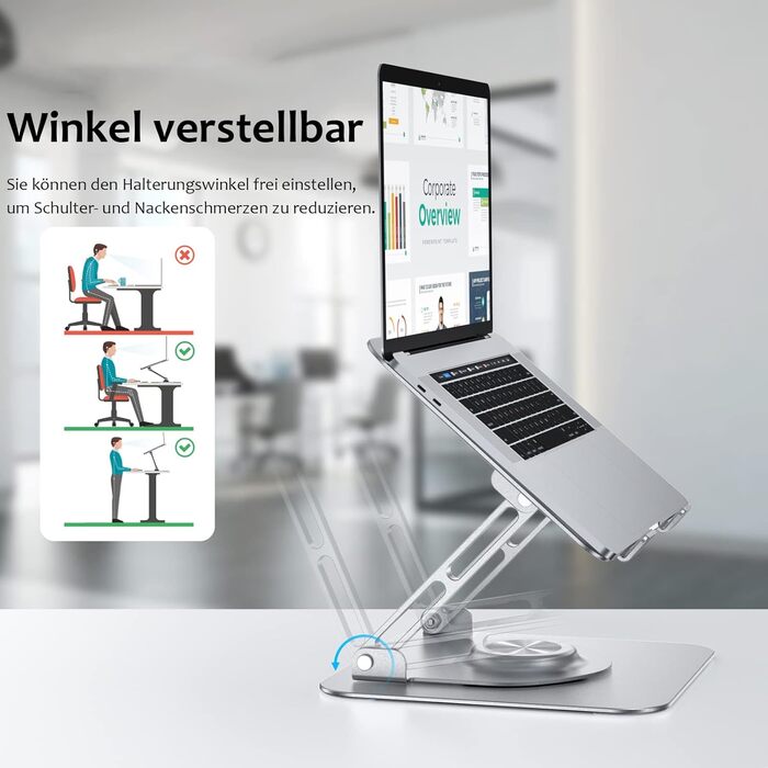 Стійка для ноутбука JOYEKY 360 складана, портативна, з алюмінію, регульована по висоті та ергономічна. Сумісна з MacBook, Dell, HP та іншими ноутбуками. Сріблястий колір, обертається на 360