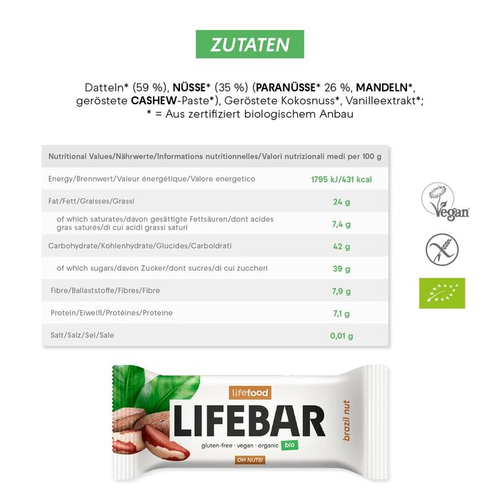 Енергетичні батончики Lifefood, веганські спортивні батончики, енергетичний батончик для піших прогулянок, їзди на велосипеді, фітнесу, органічний, без глютену, без лактози, без доданого цукру - 15 упаковок (15 x 40 г) (бразильський горіх)
