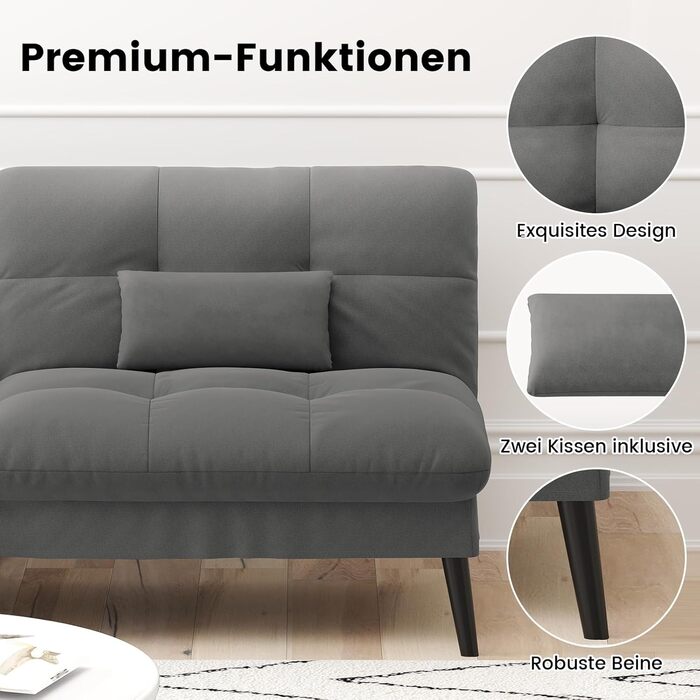 Місний диван-ліжко з функцією сну, чохол, футон, розкладний диван, кушетка-ліжко, кутовий диван, 5 регульованих кутів, ідеально підходить для квартир та віталень, тканина сірого кольору, 3-