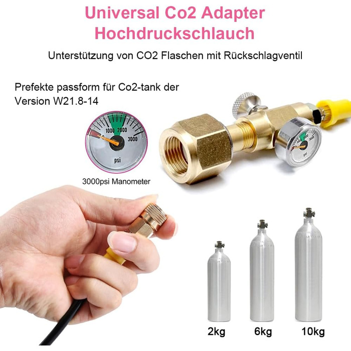Шланг високого тиску ASOFTY Co2 1,5 м з манометром 3000 фунтів на квадратний дюйм, сумісний з Sodastream Duo, Crystal 3.0, Gaia, Art і Terra, підтримка більшого газового балона CO2 з бар'єром зворотного потоку Універсальний тип - з манометром