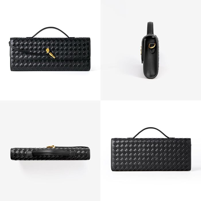 Плетений гаманець для жінок, вечірня сумочка, клатч, плетена шкіра, сумка через плече, офіційна вечірня сумка. Чорна плетена шкіра та замша.